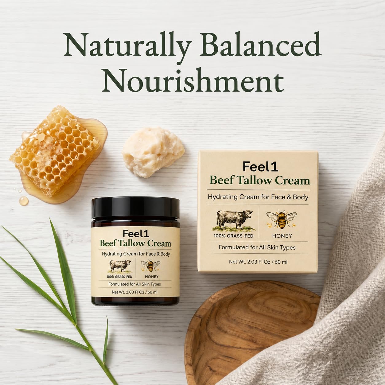 Feel1 Beef Tallow Cream for Men, with Jojoba Oil, Shea Butter & Honey, Nourishing Skin Barrier Support for Face & Skin, Lightweight Non-Greasy Daily Care, 2 Fl Oz