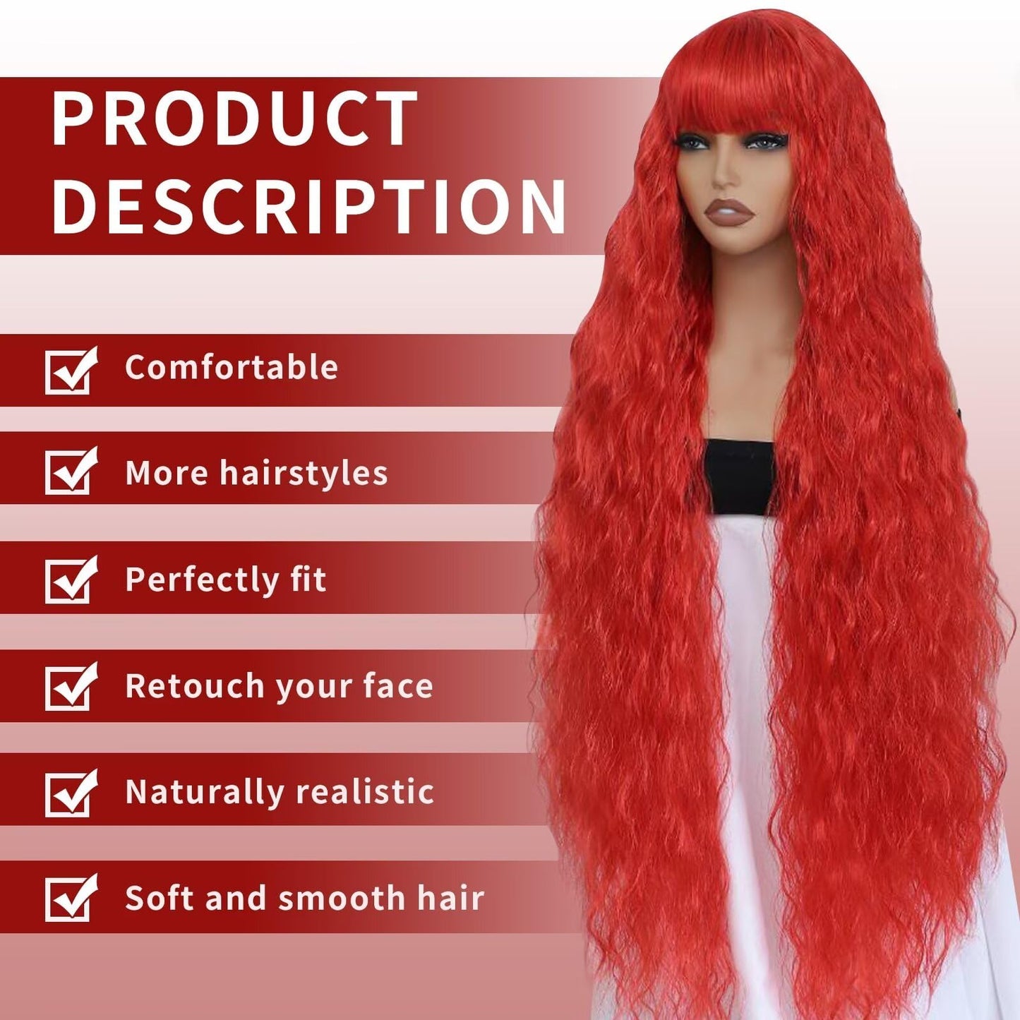 Aliesencia 40 Inch Long Curly Synthetic Wig with Bangs Long Wavy Wig for Women Natural Style Wig Bounce Fluffy Wig Red Cosplay Wig for Halloween Heat Resistant Wig for Party Daily Use(Red)