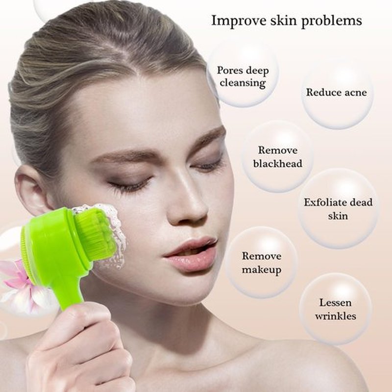 Beomeen Face Brush 2 in 1, Silicone Facial Cleansing Exfoliating Brush Soft Bristles Pore Deep Cleansing Manual Dual Face Wash Scrub Brush For Massaging, Makeup Skincare Removal, Fluorescent Green