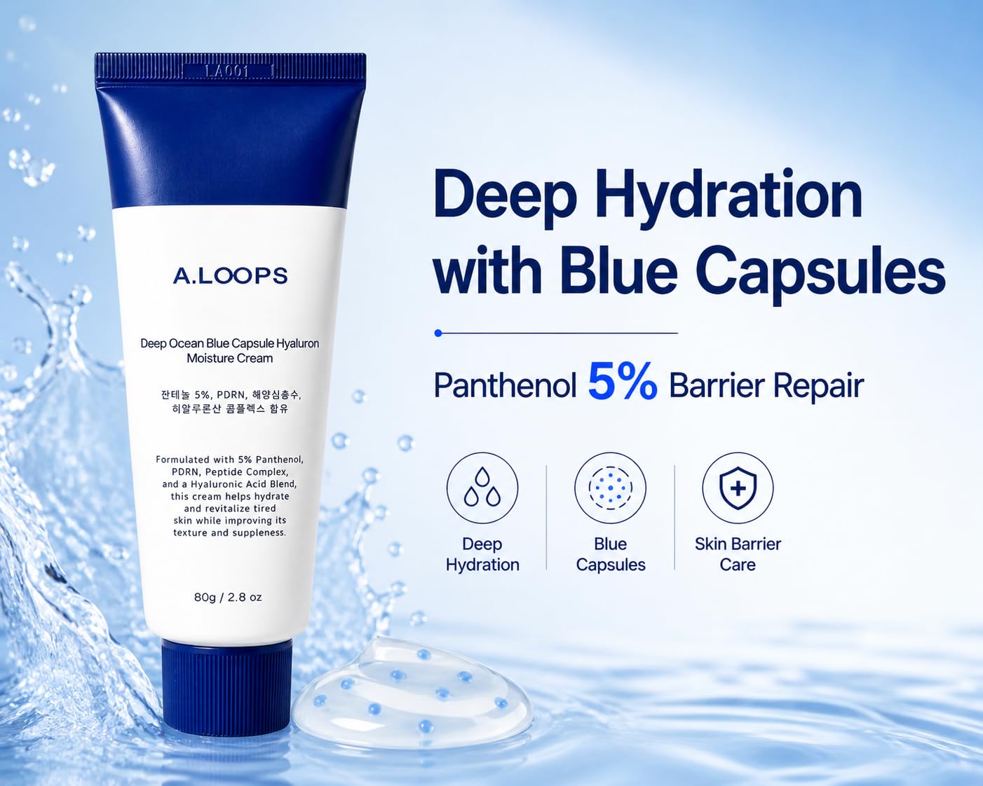 A.LOOPS Korean Panthenol 5% Moisturizer Cream Deep Hydration with Blue Capsules, PDRN & Hyaluronic Acid for Dry Sensitive Skin (80g)