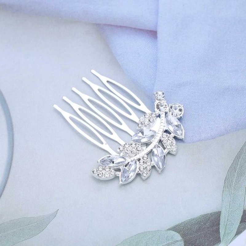 Yheakne Vintage Rhinestone Crystal Hair Comb Blue Crystal Wedding Headpieces Rhinestone Side Comb Hair Clip Hair Gold Cz Leaf Comb Barrette Bridal Headwear Accessories Jewelry for Women (Silver)
