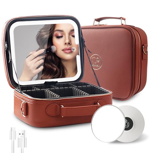 MOMIRA Travel Makeup Bag Cosmetic Bag with Lighted Mirror, Adjustable Brightness in 3 Color Scenarios/Detachable makeup mirror, 2024-All-round Upgrade, Waterproof, Gift for Women -Red Brown