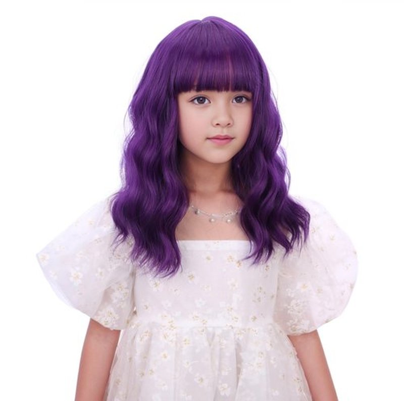 Edivd Child Dark Purple Wig Kids Short Purple Wig with Air Bangs Wavy Curly Purple Wig for Girls Heat Resistant Synthetic Wig with Wig Cap