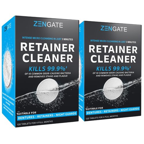 ZENGATE Retainer Cleaner Tablets - Quick Clean for Dentures, Mouth Guards, Aligners, Night Guards - Dental Cleansing Tablets - FSA HSA Approved Items - 2 Packs (240 Tablets Total) - 8 Months Supply