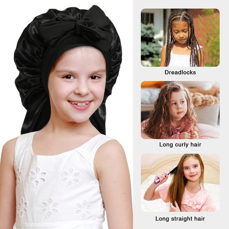 Kids Long Hair Bonnet for Sleeping - Double Layer Girls Elastic Satin Bonnet with Tie Band for Braid Curly Hair (Black+Purple)