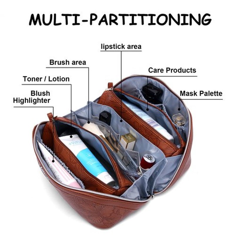 Travel Makeup Bags Cosmetic Organizer Bag: 3-Set Large Capacity Make up Bag - PU Leather Toiletry Bag for Women - Wide Open Portable Pouch with Divider & Handle (02-Dark Brown)