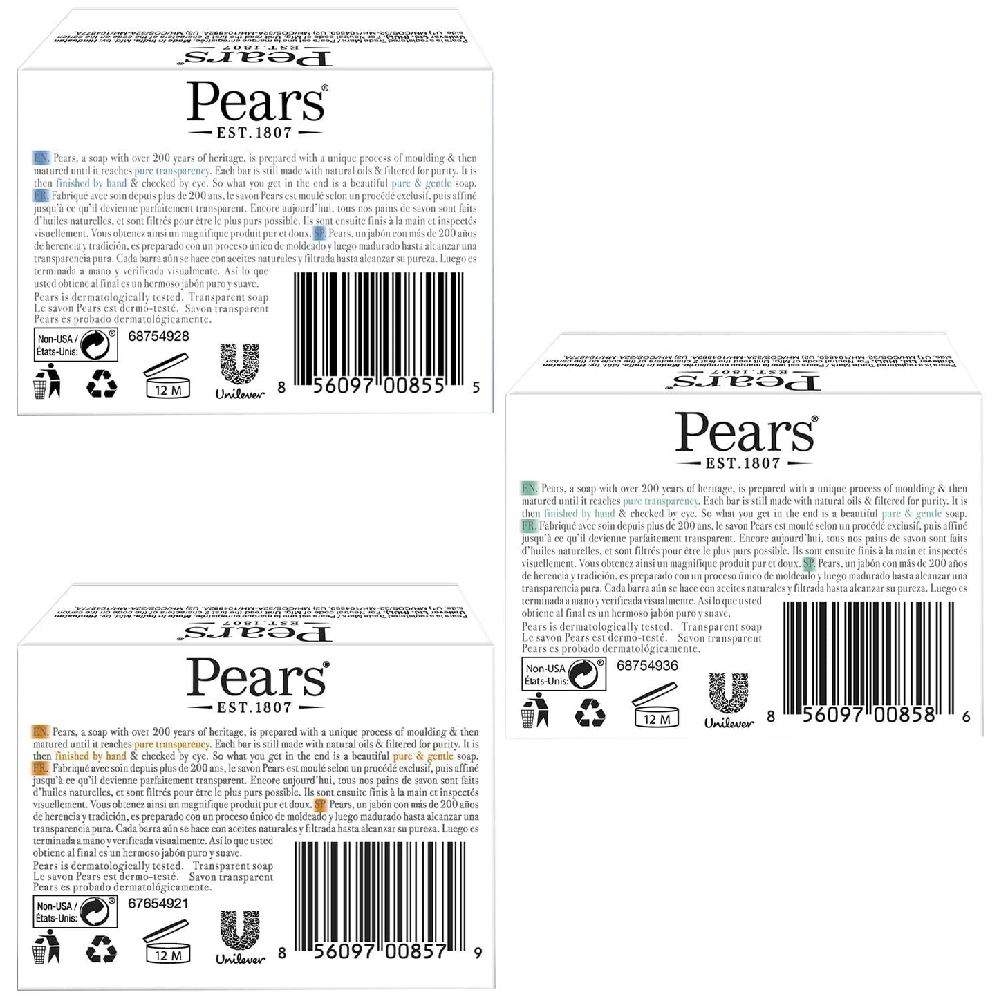 Pears Soap, Pure & Gentle Glycerin Soap Variety 9-Pack – Blue with Mint Extracts, Green with Lemon Flower Extract, and Amber with Natural Oils, 4.4 Oz Ea