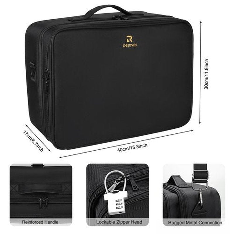 Relavel Large Makeup Organizer Profession Makeup Bag Extra Large Makeup Case with Adjustable Dividers, Adjustable Angle Fixed Belt and Shoulder Strap Plastic Dividers