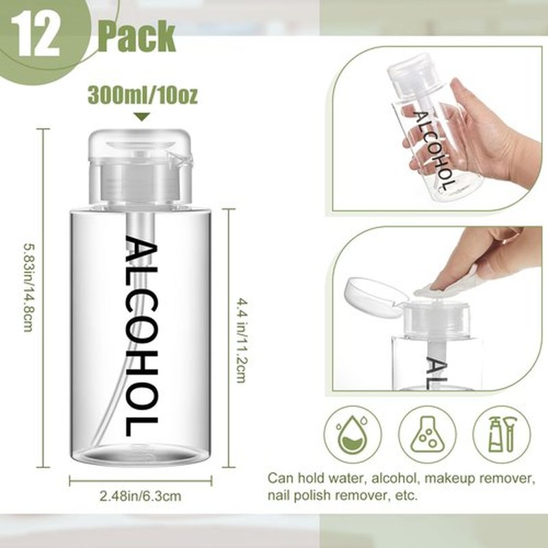 Layhit 12 Pcs 10 oz Alcohol Pump Dispenser Bottle Alcohol Dispenser Push Down Liquid Dispenser Clear Empty Pumping Bottle Refillable Cosmetic Container for Personal, Salon, Nail Care, Hospital Use