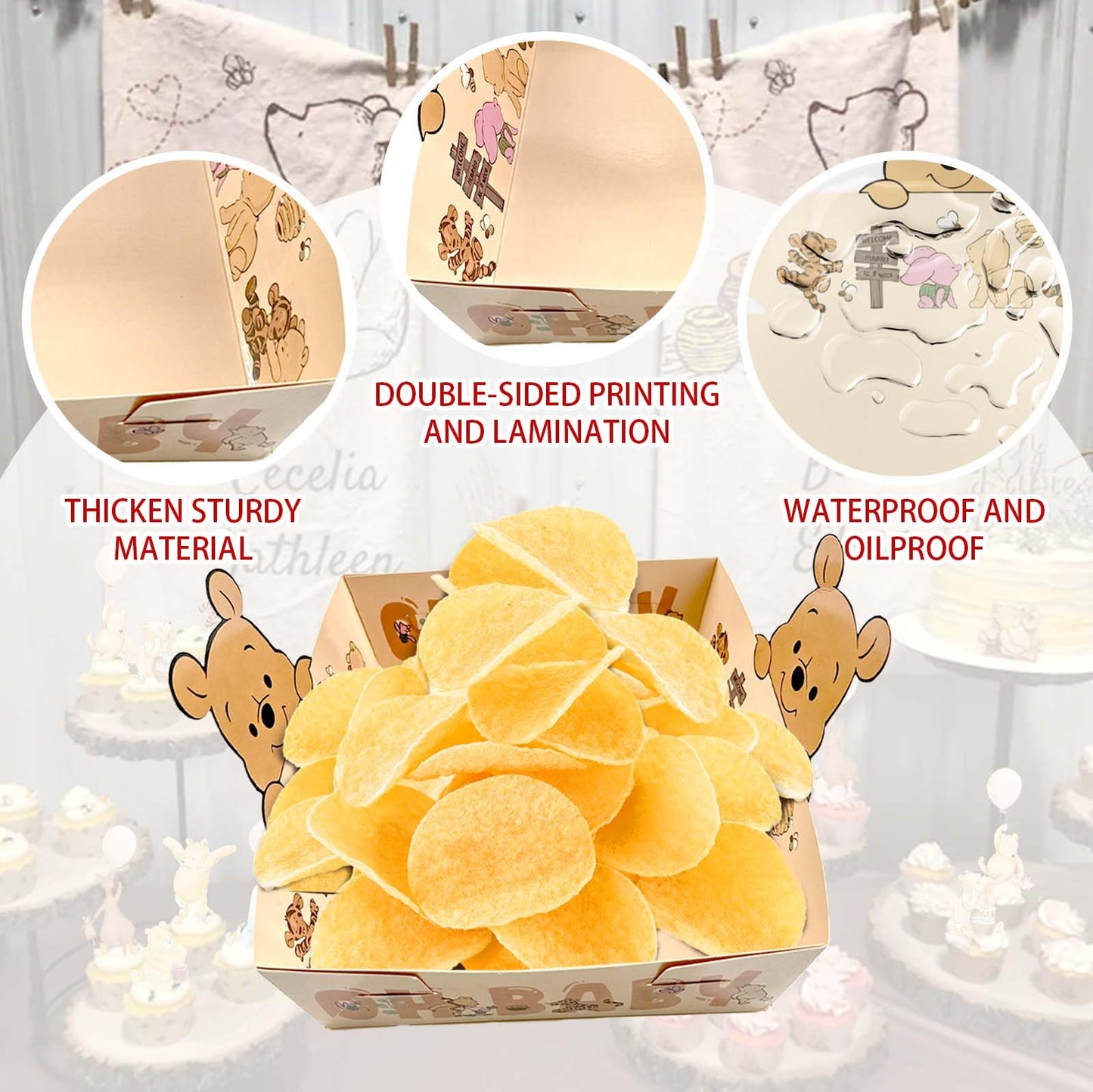 Classic Honey Bear Party Plates - Large Size Winnie Baby Shower Party Favors Paper Food Serving Tray Honey Pooh Bear Baby Shower Decorations Plates Nacho Paperboard Hot Dog Popcorn - 24 PCS