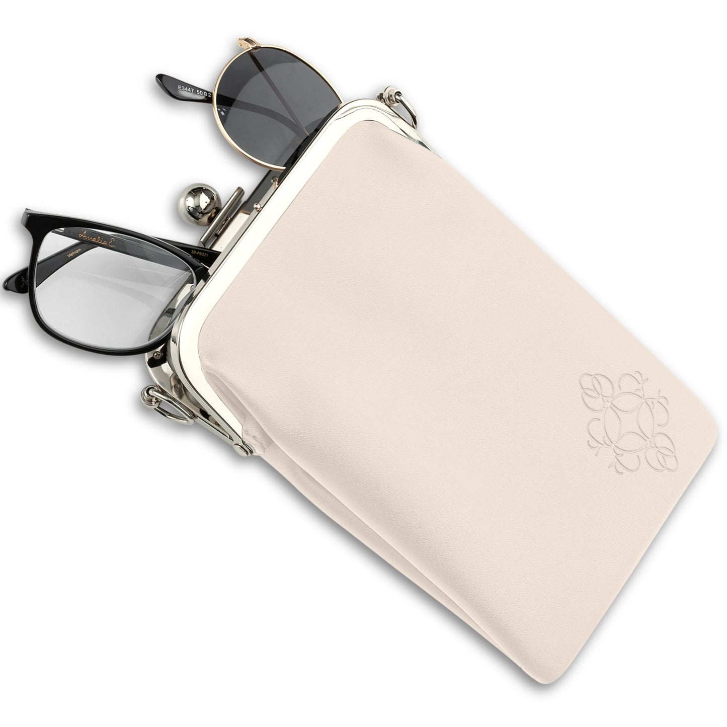 BORSALI Double Eyeglass Case for Women- Small Vegan Leather Crossbody Phone Bag - Soft Versatile Sunglass & Cell Phone Purse in one -Crossbody Chain Incl. (Cream)