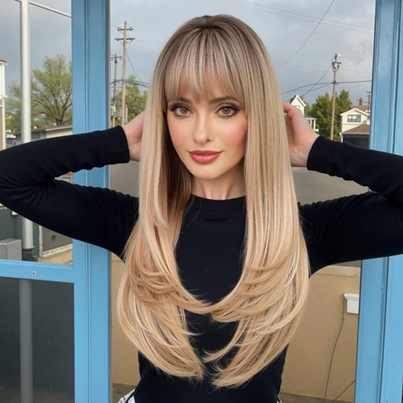 Getshow Blonde Wigs for Women Layered Straight Long Wig with Bangs Natural Synthetic Hair with Dark Roots