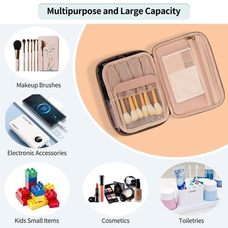 Makeup Bag, Potable Make up Bag Cute Makeup Organizer Bag for Toiletry Cosmetics Accessories with Divider and Brushes Compartments, Makeup Travel Case Cosmetic Bags Women and Girls- Beige Apricot