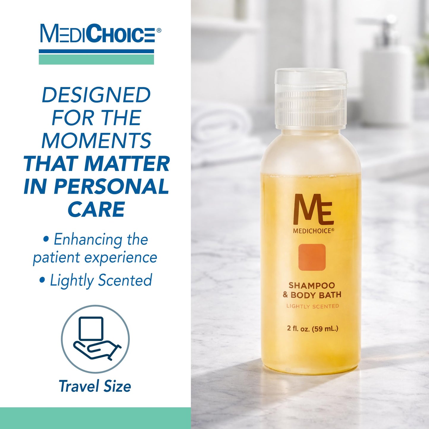 MediChoice Shampoo and Body Wash - 2 in 1 Bath Gel, 2 Oz Case of 144 - Mild Scent, Non Irritating, Flip Top Cap - Bulk Travel Size for Hotels, Travelers, Hospitals