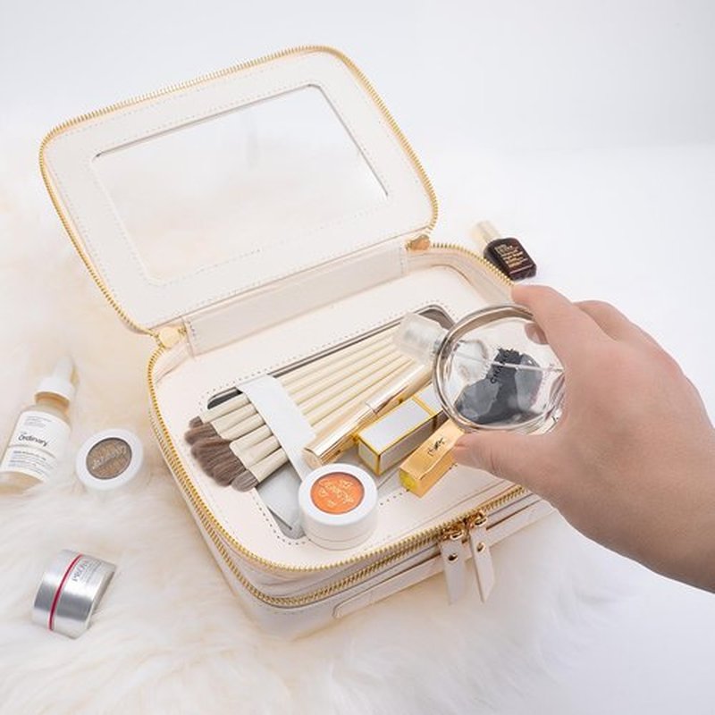 Aveniee Large Clear Makeup Bags, Double Layer Cosmetic Bags with Separate Brush Compartment, Travel Toiletry Bag Cosmetic Train Case, Travel Accessories Organizer for Women(2 Layers, White)