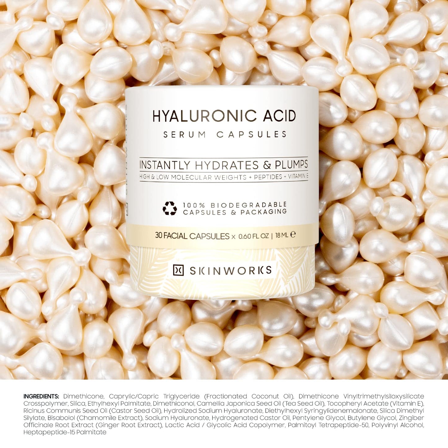 SKINWORKS Hyaluronic Acid Serum for Face, Anti Aging Serum for Fine Lines & Wrinkles, Hydrating Glow Serum, Face Moisturizer Plump & Repair Dry Skin, Unscented, 60 Capsules