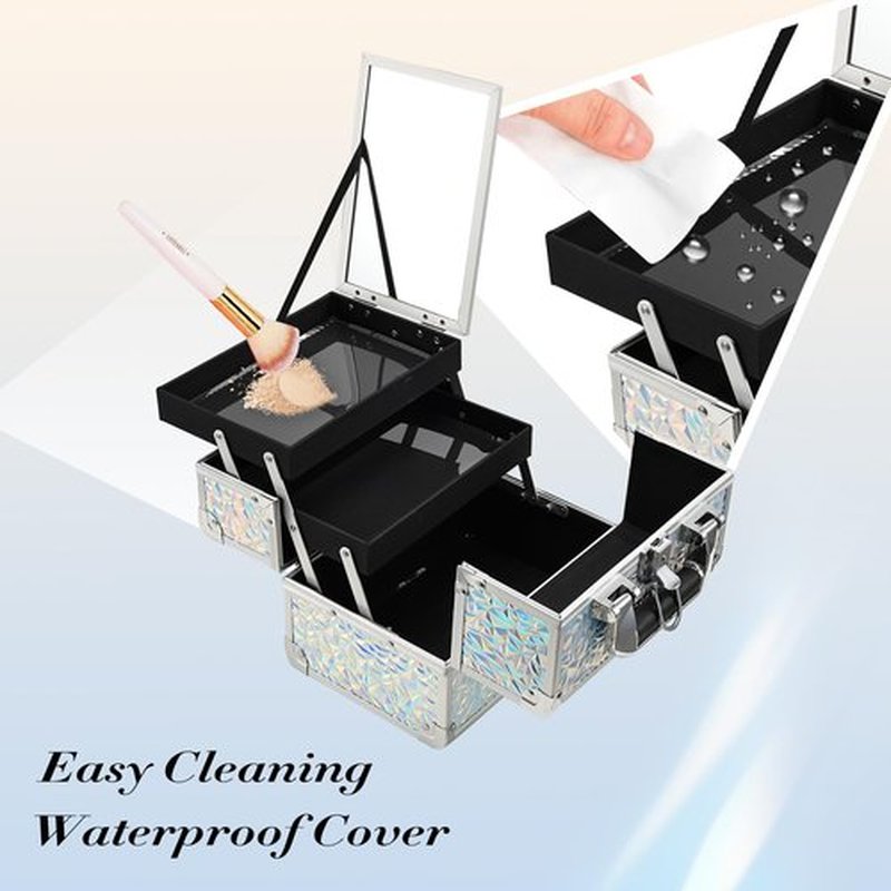 FRENESSA Makeup Train Case Cosmetic Organizer Case Portable Makeup Box with Mirror 2 Trays Lockable Make up Travel Storage Case for Makeup Artist, Nail Kits, Makeup Tools Makeup Case Chic Silver