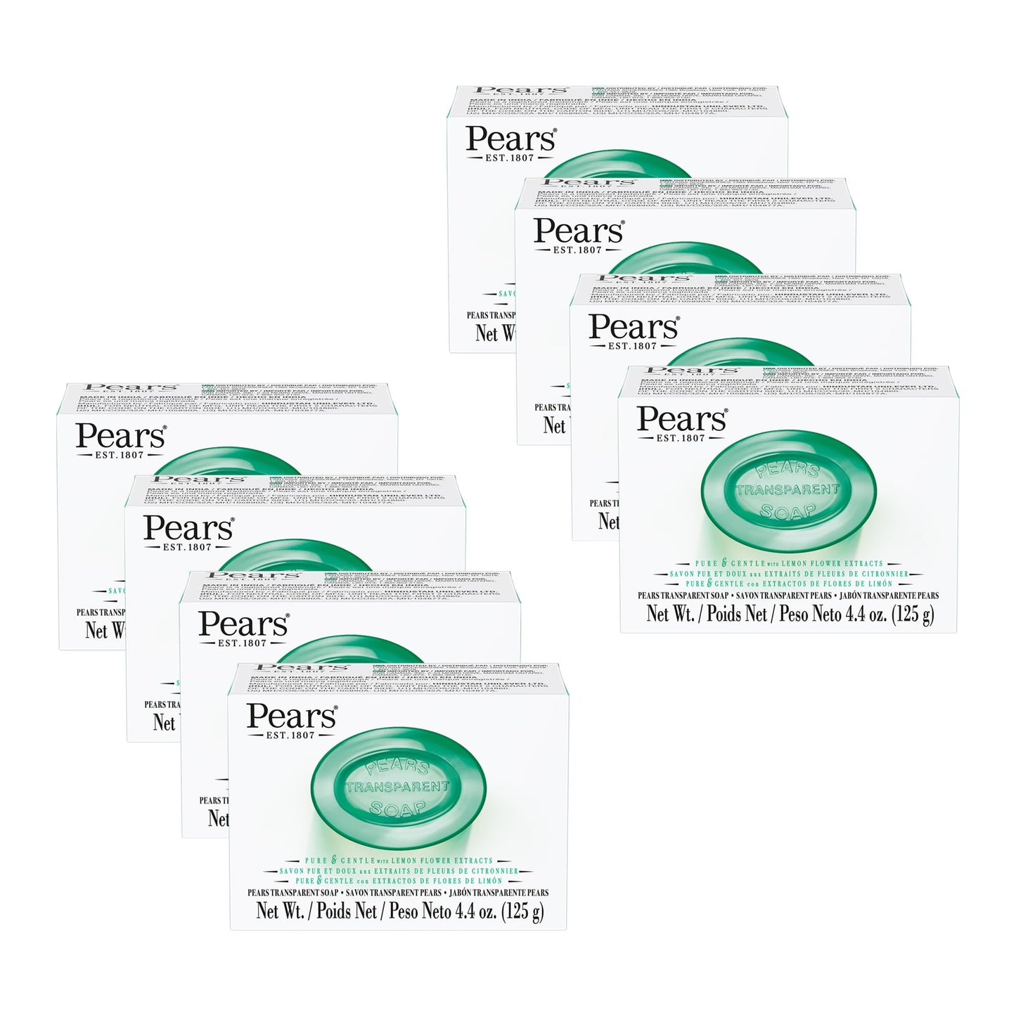 Pears Pure and Gentle with Glycerin and Lemon Flower Extracts - Transparent Soap Bar for Radiant Skin - Bar Soap for Women and Men - Green - 8 pc