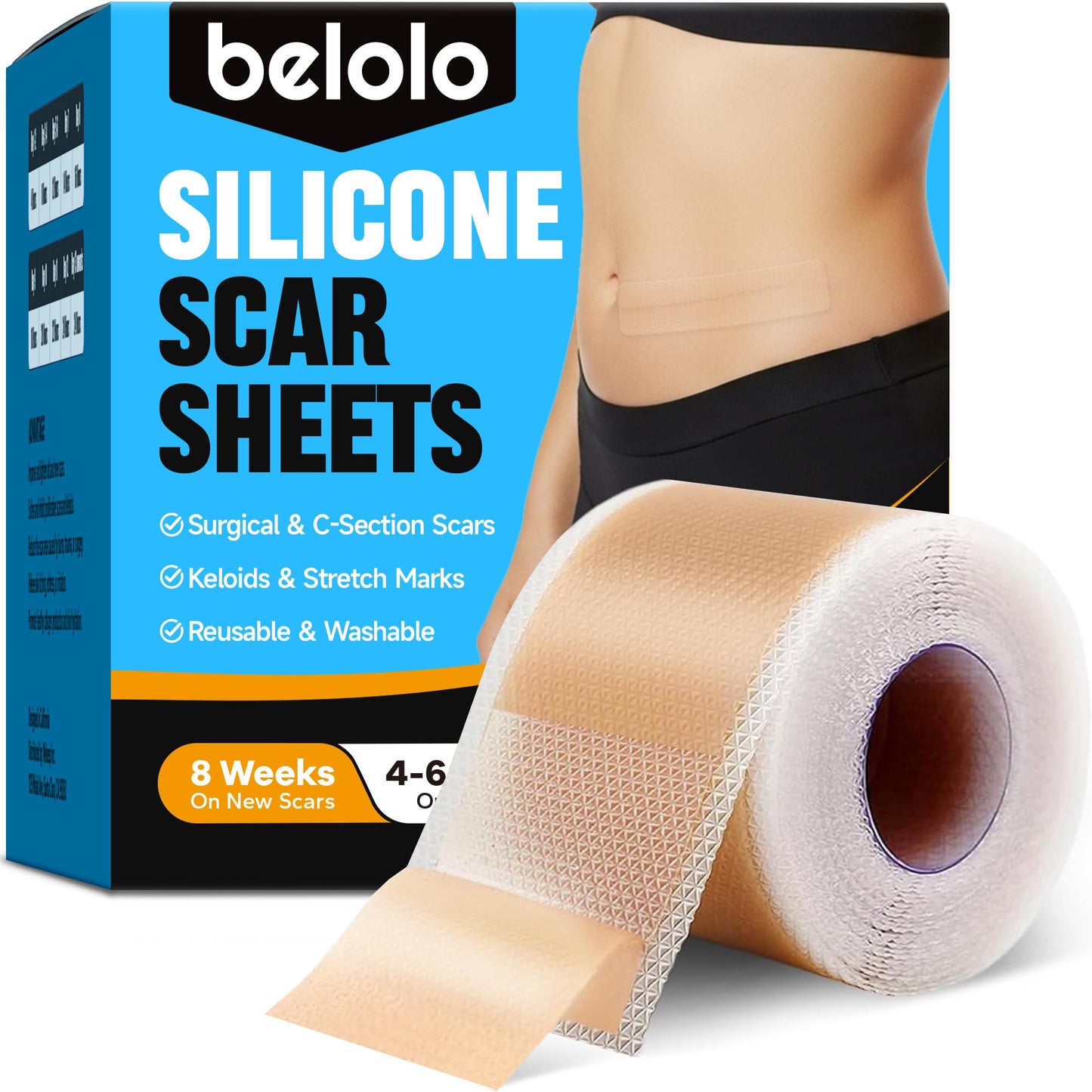 Belolo Silicone Scar Sheets (1.6" x 60" Roll - 1.5M), Silicone Scar Tape, Silicone Scar Sheets for Surgical Scars, Keloids & C-Section Scars, Reusable & Washable Scar Patches for Face & Body