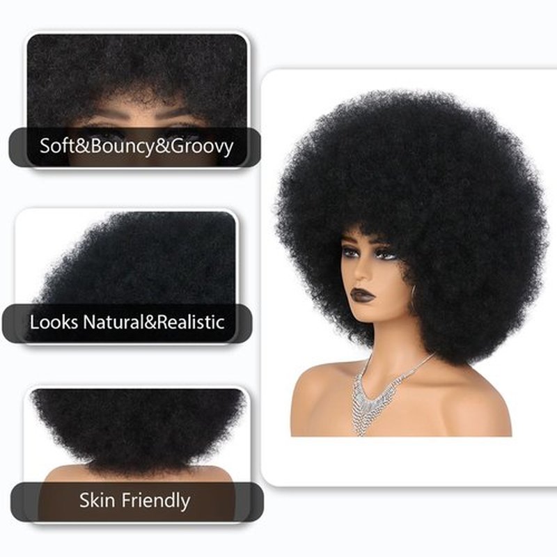 Wallden Hair 70s Afro Wigs for Black Women Glueless Wear and Go Wig Curly Afro Puff Heat Resistant Synthetic Wigs for Daily and Party Halloween Costume Use (1B)