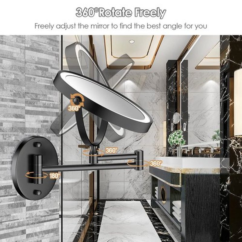 Rocollos Rechargeable Wall Mounted Lighted Makeup Mirror, 8 Inch Double-Sided LED Vanity Mirror 1X/10X Magnification,3 Color Lights Touch Screen Dimmable 360°Swivel (Black, 10X)