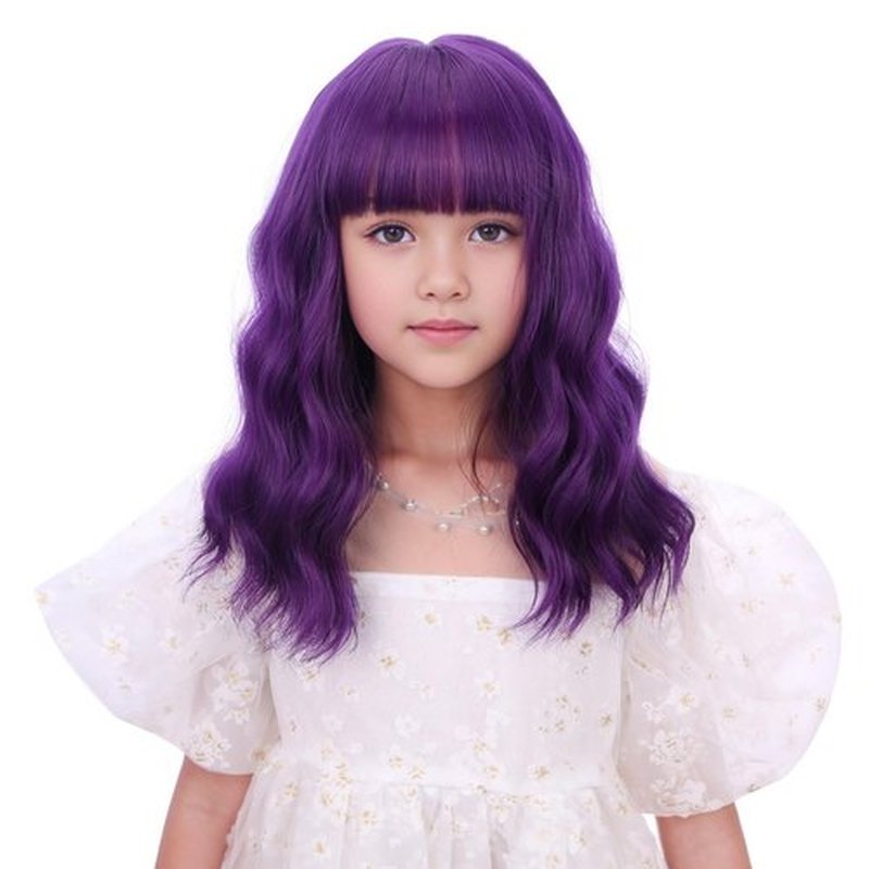 Edivd Child Dark Purple Wig Kids Short Purple Wig with Air Bangs Wavy Curly Purple Wig for Girls Heat Resistant Synthetic Wig with Wig Cap