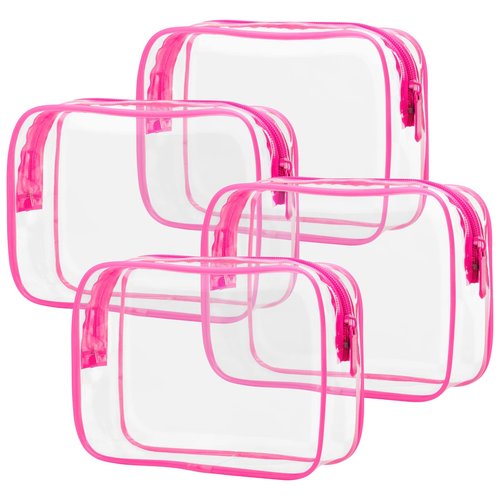 PACKISM Clear Makeup Bags, 4 Pack Quart Size Travel Bag TSA Approved Clear Travel Bags for Toiletries, Clear Cosmetic Bags Carry on Clear Toilety Bag TSA Approved Toiletry Bags, Rose Red