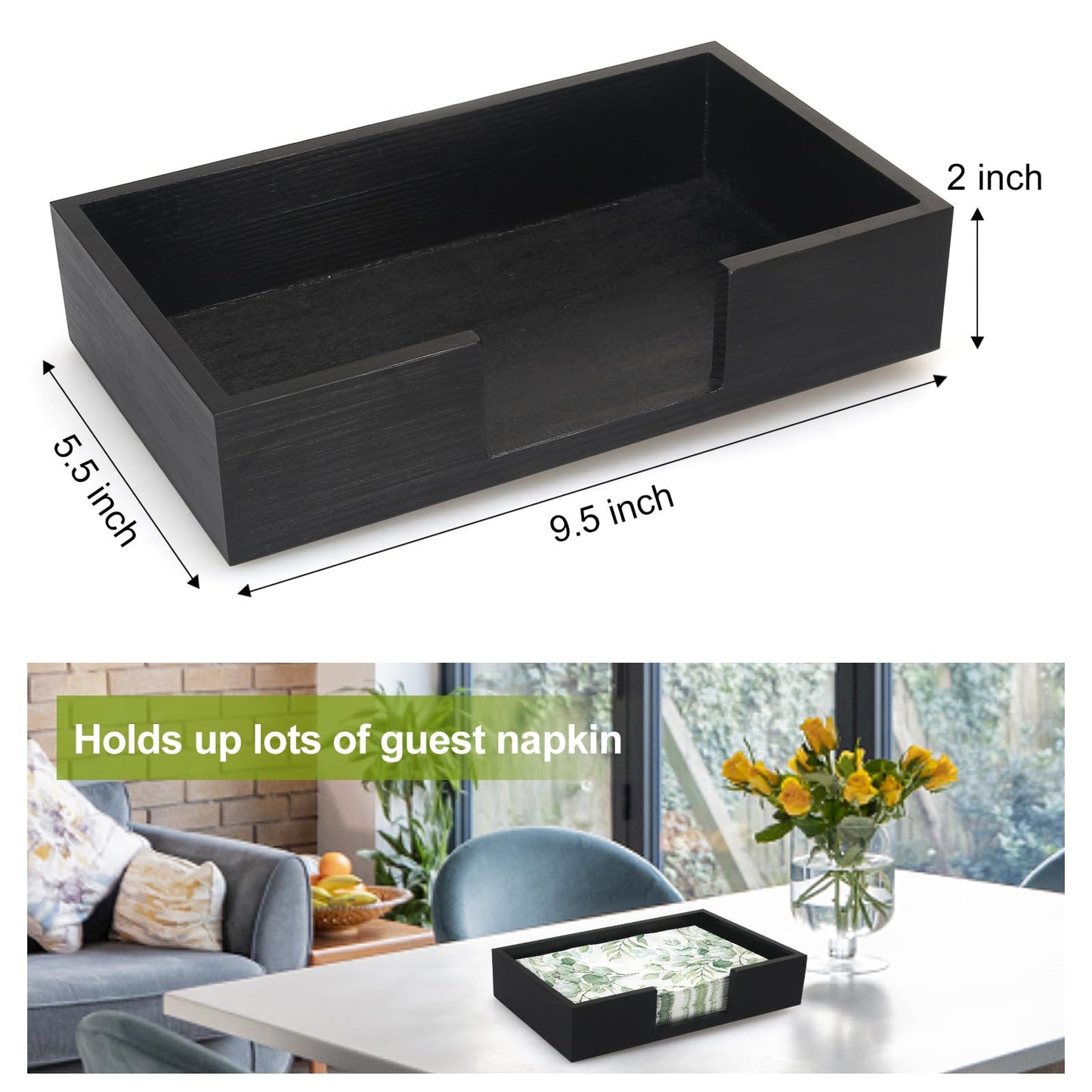 Black Wooden Napkin Holder Guest Towels Holder Flat Bathroom Napkins Holder Disposable Hand Towel Tray Cocktail Napkin Holder for Table Kitchen Counter Modern Paper Towel Holder Basket Accessories
