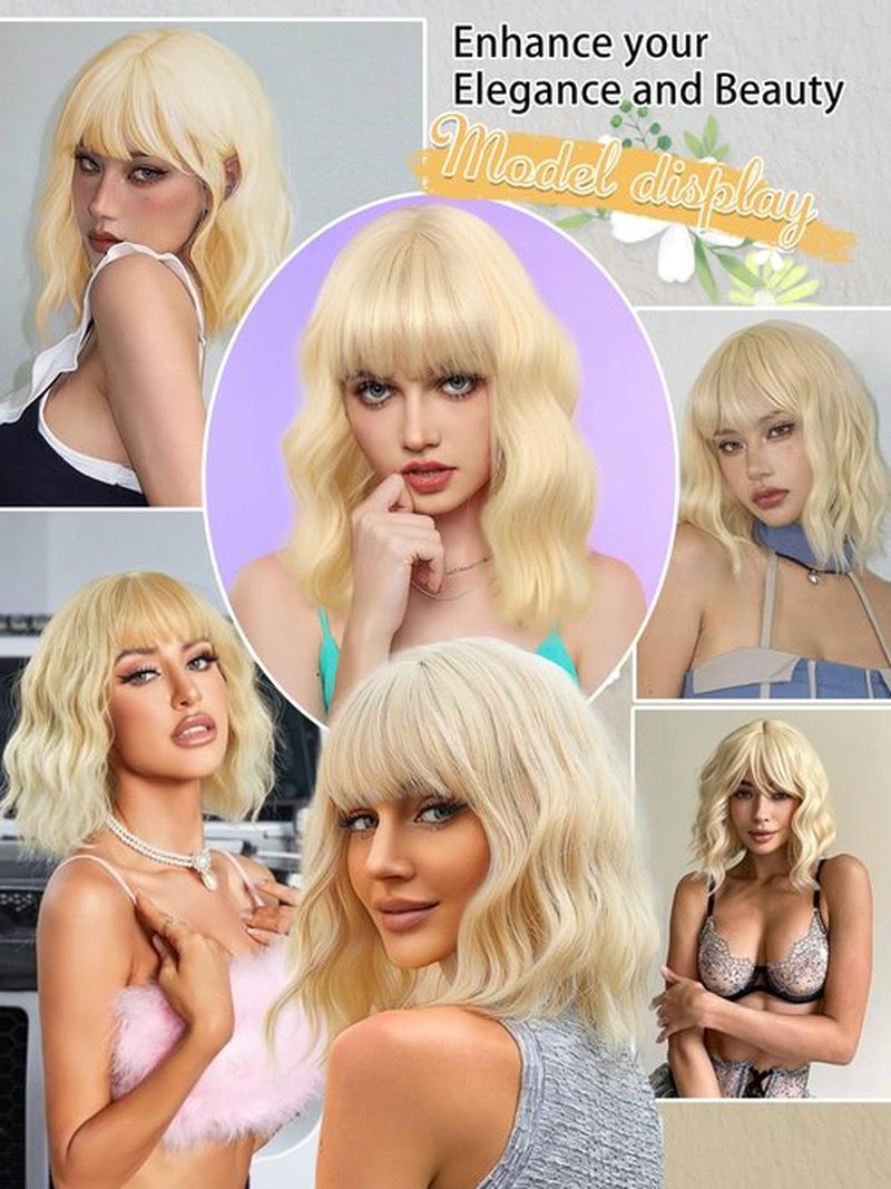 FREEMEIGE Short Bob Wigs with Bangs for Women Blonde Bob Wavy Wig Curly Wavy Shoulder Length Bob Wigs Synthetic Cosplay Wig for Girl Colorful Costume Wigs