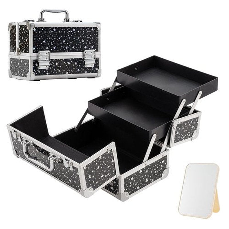 Leeora&Leekoo Makeup Train Case Cosmetic Box Portable Makeup Case Organizer 2 Trays Makeup Storage with Mirror for Cosmetologist Aesthetic Supplies Nail Tech Traveling Makeup Box (Flashing Star)