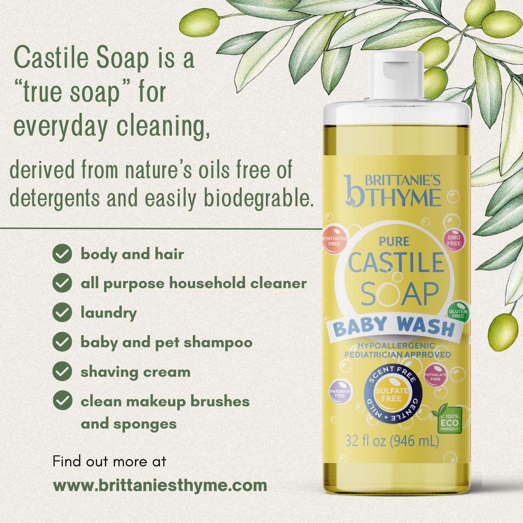 Brittanie’s Pure Castile Liquid Soap Refill, Baby, 32 Ounce Pack of 2 | Dish Soap, Hair & Body, Home, Gentle and Pure, Made with Natural Luxurious Oils, Vegan & Gluten Free Non-GMO
