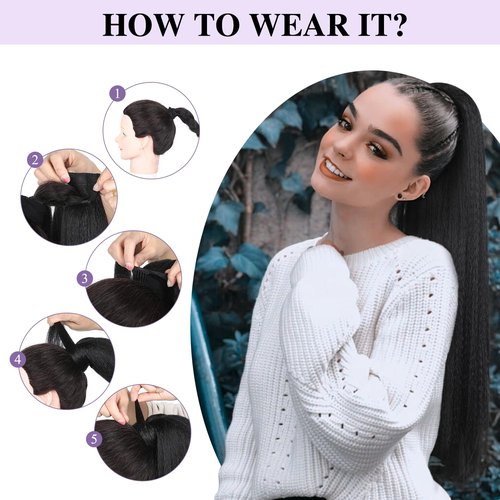 WIGER Kinky Straight Ponytail Extension 30 inch Long Yaki Straight Ponytail Extension Natural Black Hairpiece for Women Wrap Around Ponytail for Black Women
