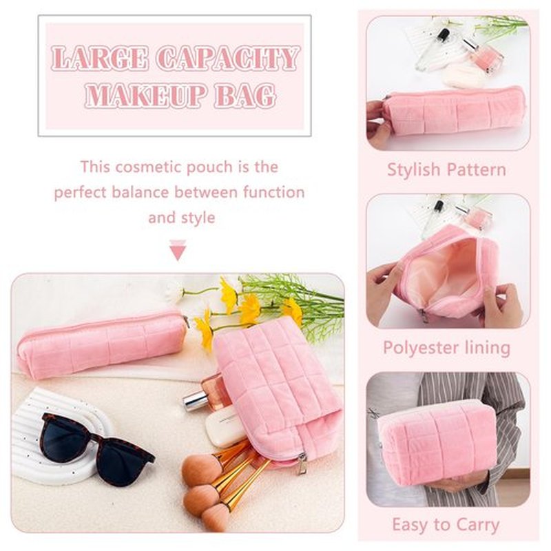 ZLFSRQ 2Pcs Makeup Bag for Women Pencil Pouch Travel Small Cosmetic Bag Set Cute Plush Pink Makeup Pouch Purse Pencil Case Pencil Bag Zippered Toiletry Bag Organizer Trendy Makeup Brushes Storage Bag