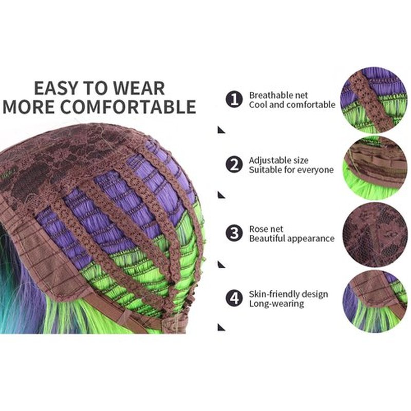 BERON 14 Inches Green Wig for Women Girls Green Purple Wig with Bangs Short Curly Wig Green Mix Purple Wigs