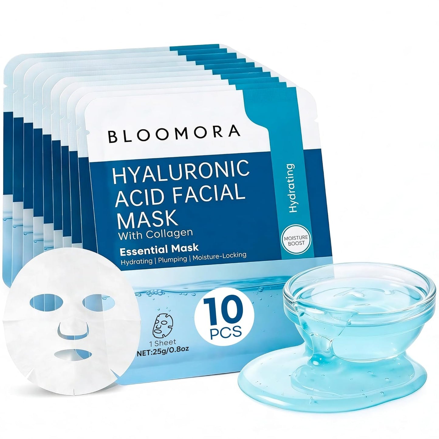 Hyaluronic Acid & Collagen Face Mask Set - 10 Pack | Deep Hydration & Moisturizing Sheets for All Skin Types