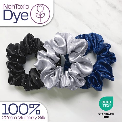 Celestial Silk Mulberry Silk Scrunchies for Hair (Black, Silver, Navy with Rhinestones)