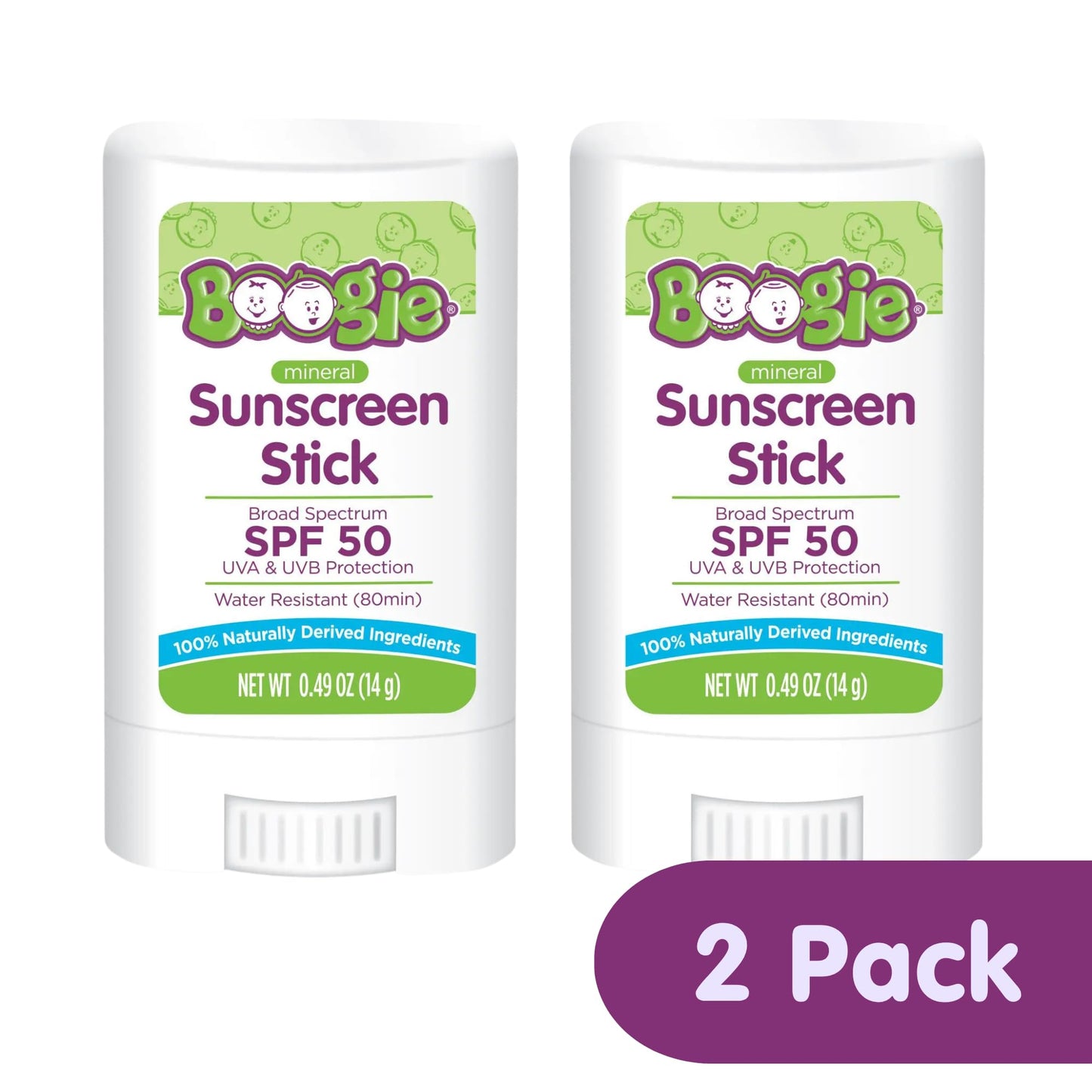 Boogie Mineral Sunscreen Stick SPF 50 - (2 Pack) 0.49 oz - Sunscreen for Kids - Broad Spectrum UVA & UVB Protection - Water Resistant - Hypoallergenic - 100% Naturally Derived Ingredients