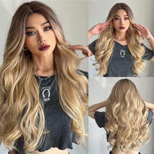 MAGQOO Brown Blonde Wig Dark Roots Ombre Blonde Wig Women Girls Long Curly Wavy Brown to Blonde Wigs Middle Part Heat Resistant Hight Density Synthetic Wigs (Brown Blonde)
