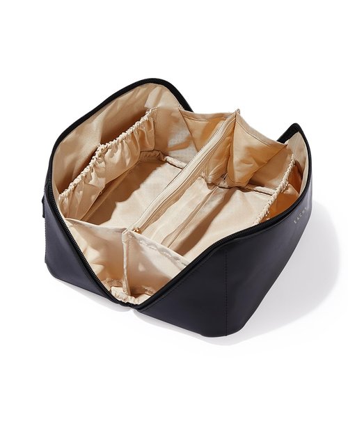 EACHY Travel Makeup Bag, Large Capacity Cosmetic Bags for Women, Waterproof Portable Open Flat Toiletry Bag Make up Bag with Divider and Handle (Black, Medium)