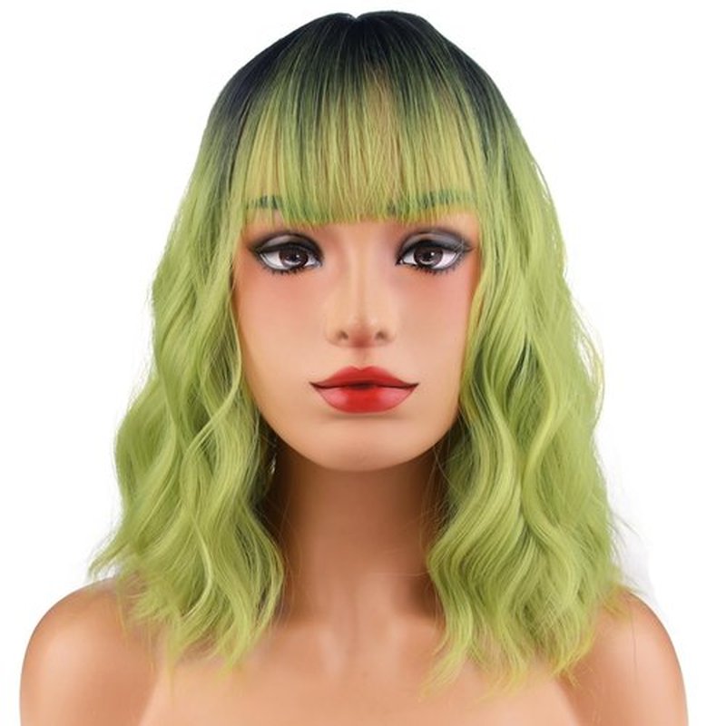 MAGQOO Green Wig for Women Girls Matcha Green Wig Short Curly Wavy Ombre Green Wig with Bangs Synthetic Heat Resistant Halloween Cosplay Costume