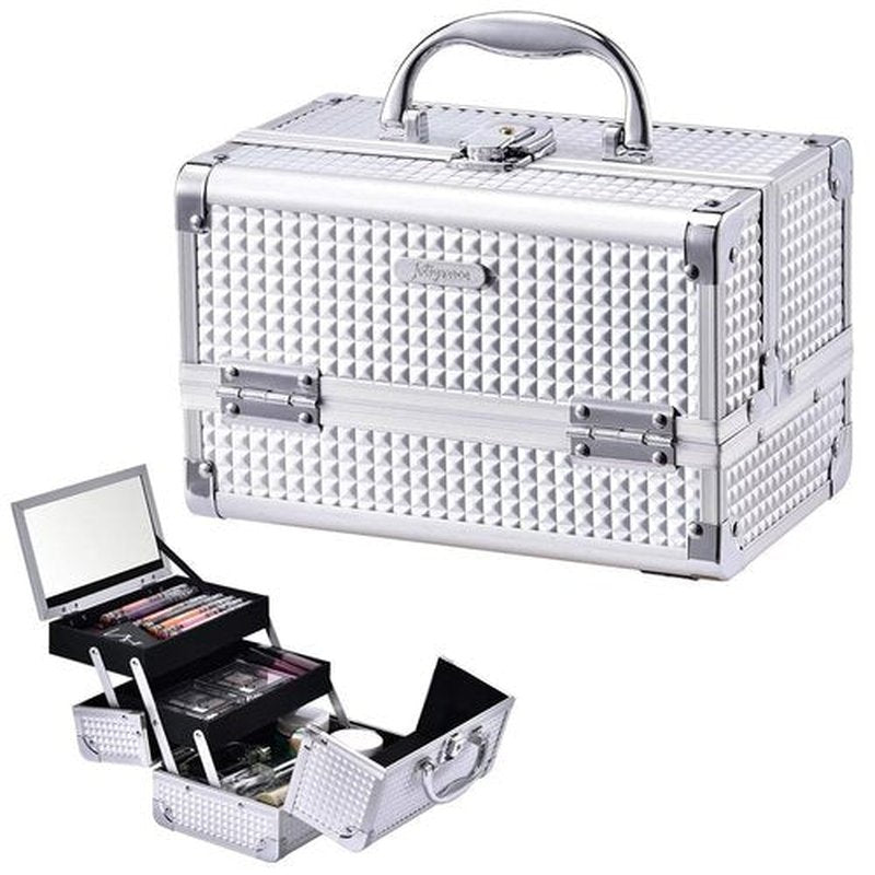 Joligrace Makeup Box Cosmetic Train Case Jewelry Organizer Lockable with Keys and Mirror 2-Tier Tray Portable Carrying with Handle Travel Storage (Classic Silver)
