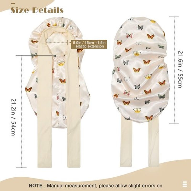 Kids Long Hair Bonnet for Sleeping - Double Layer Girls Elastic Satin Bonnet with Tie Band for Braid Curly Hair (Butterfly+Beige)