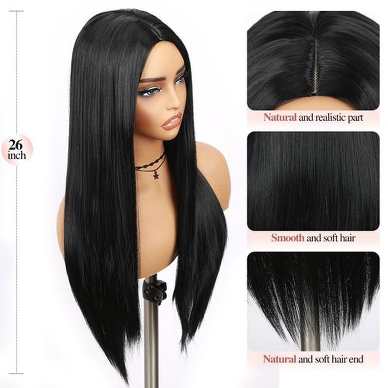 Fancy Hair Black Long Straight Wig Middle Part Synthetic Straight Hair Wig Natural Style Full Wig for Women Daily Party Use 26 Inches