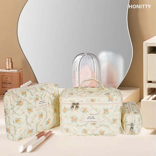 Makeup Bag,Quilted Cosmetic Bag,Large Floral Make Up Bag for Women,Cotton Makeup Bag Set,Flower Travel Toiletry Bag