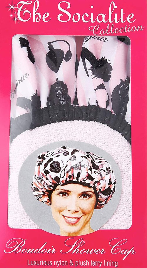 Reusable Nylon Shower Cap & Bath Cap, Reversible Oversized Waterproof Shower Caps Large Designed for all Hair Lengths w Terry Lining & Elastic Band Stretch Hem Hair Hat - Socialite Boudoir