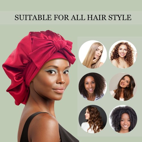 Satin Bonnet Silk Bonnet Hair Bonnet for Sleeping Large Bonnets with Tie Band Hair Wrap with Adjustable Straps Hair Cap Night Sleep Caps for Women Curly Braid Hair(Black,Wine Red)