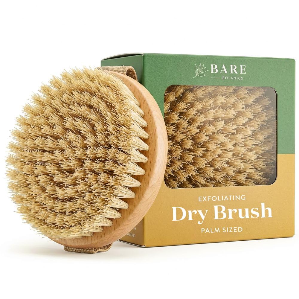 Bare Botanics Dry Body Brush for Lymphatic Drainage - Improve Circulation w/Gentle Exfoliation for Soft Skin - Ergonomically Designed w/Elastic Strap - Soft but Firm Natural Boar Bristles