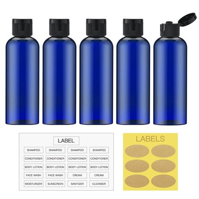 LISAPACK 3.4Oz Travel Bottles with Flip Cap (5 Pcs) Empty Dispenser Container for Travel Size Cosmetics (100ml, Blue)