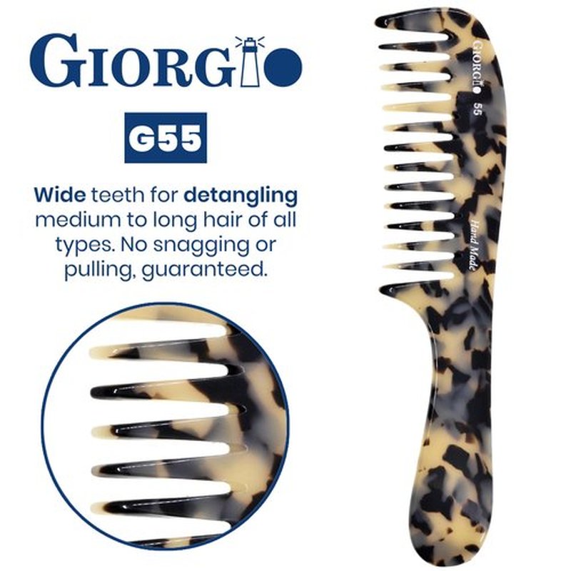 Giorgio G55 Wide Tooth Comb for Wet Hair Detangling Comb, Hair Comb for Thin to Medium Thickness Hair Detangler, Hair Combs for Women, Handmade Large Tooth Comb Rake Comb Saw-Cut and Hand Polished