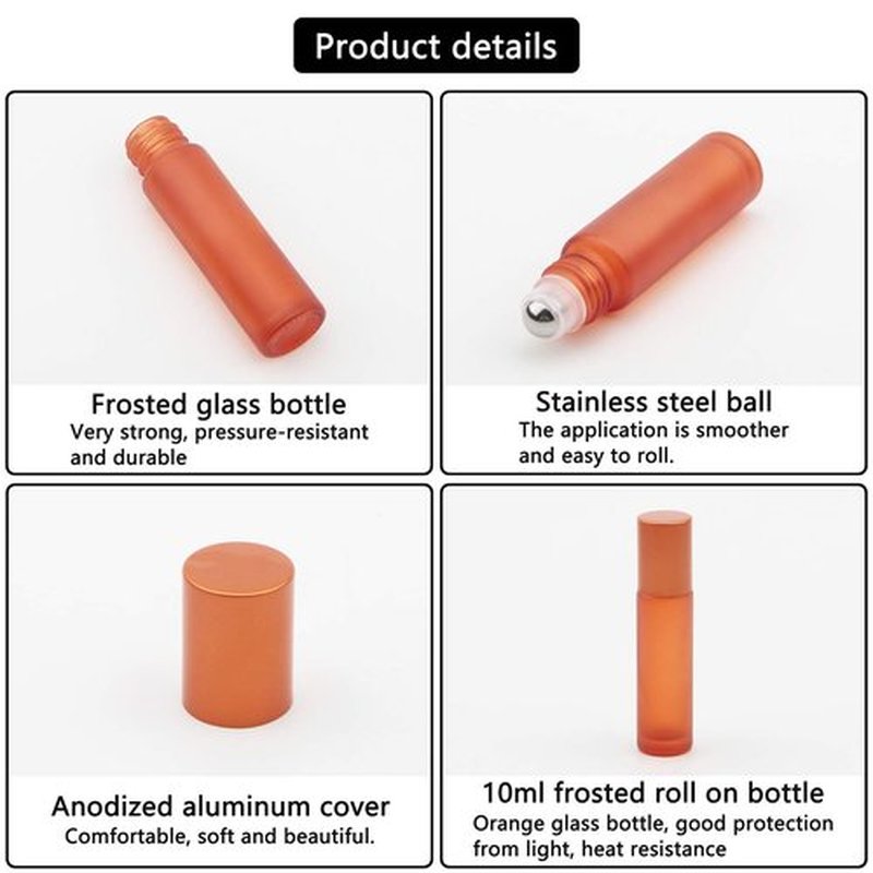 Kesell Glass Roller on Bottle, 10ml Refillable Essential Oil Bottle with Stianless Steel Ball, Pack of 10 (Orange)